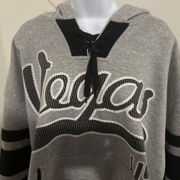 DC Classic XL Gray Vegas Hoodie with Lace-Up Neck and Striped Sleeves - Picture 2 of 7
